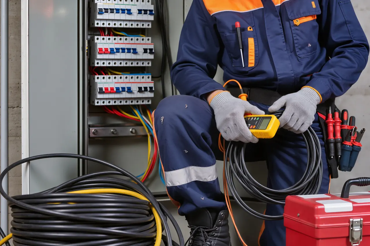 Elektrofachkraft prüft eine Unterverteilung mit dem Messgerät
